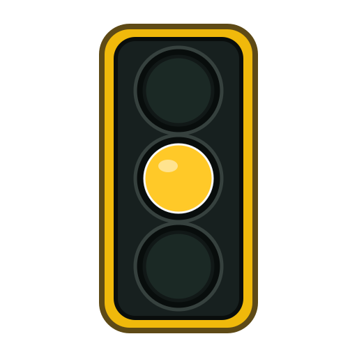 Vertical traffic signal with its middle circular yellow lens steadily illuminated; red and green lenses are dark.