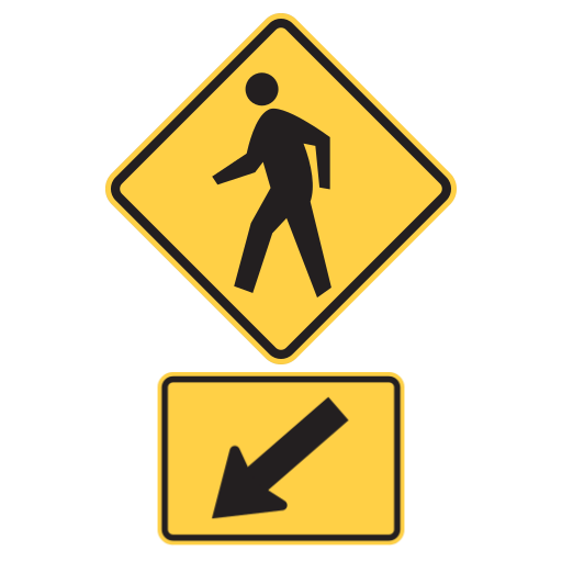 A yellow diamond with a black walking figure sits above a smaller yellow rectangular plaque. The plaque has a black arrow pointing diagonally down and left.