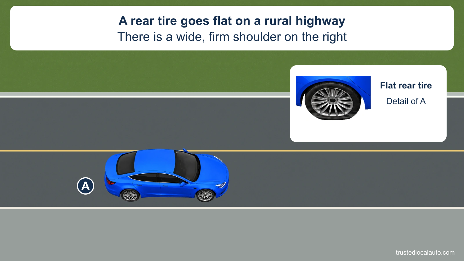 A has a visibly deflated rear tire on a straight two-lane rural highway. An enlarged detail shows that tire. A wide, firm shoulder lies to the right beyond the white edge line; it is empty in the question.