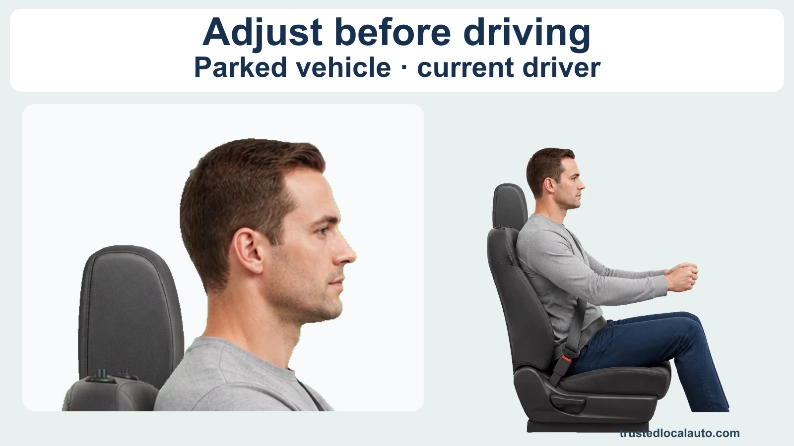 A close-up and a full seated view show an upright, belted adult and an adjustable head restraint in a parked vehicle, before adjustment.