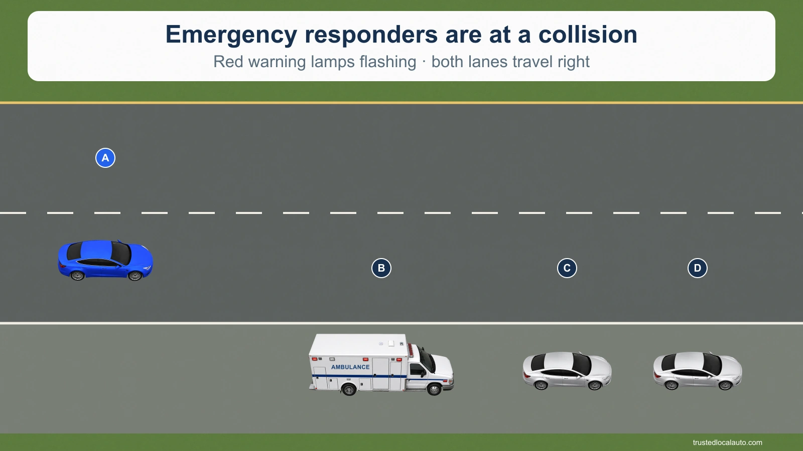Car A approaches a collision response in the right lane. An ambulance with flashing red lamps and two other vehicles are stopped on the right shoulder. The left lane is clear.