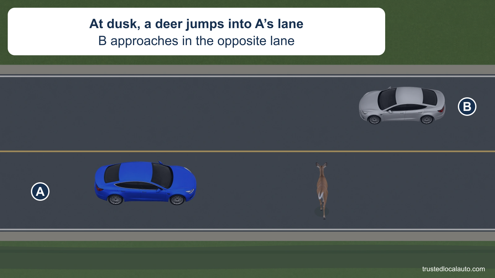 At dusk, a deer has entered the lane ahead of eastbound A. Silver B approaches in the opposite lane on the two-lane rural highway, and a ditch lies beyond A’s right edge.