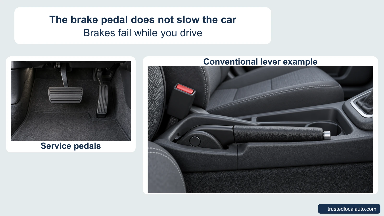 A neutral service-pedal view and a fully lowered conventional parking-brake lever accompany the stated brake failure. Neither control is being operated.