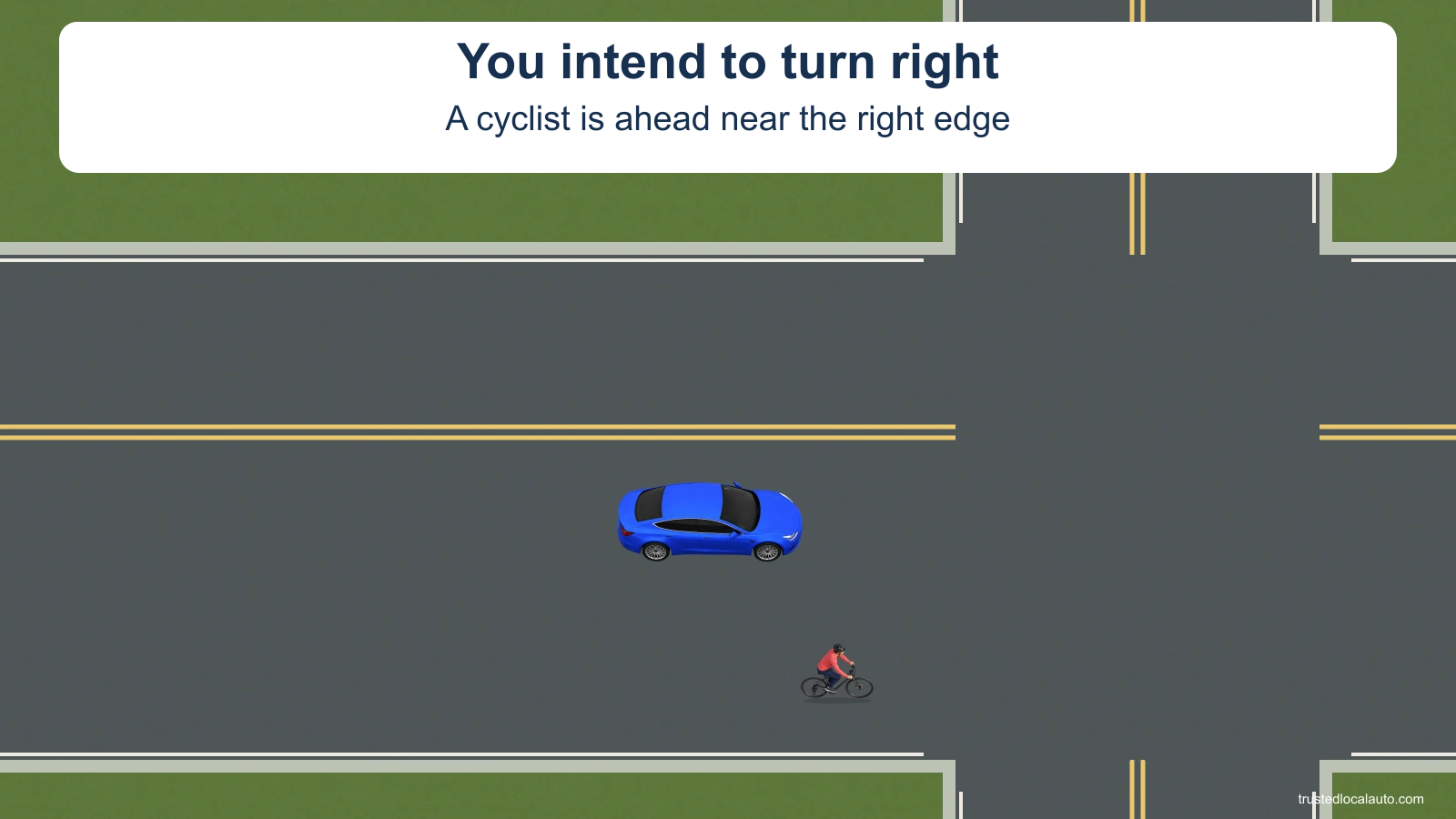 The blue learner intends to turn right. A cyclist is ahead near the right edge of the lane, close enough that a pass-and-turn would cut across the cyclist. The question has no selected turning path.