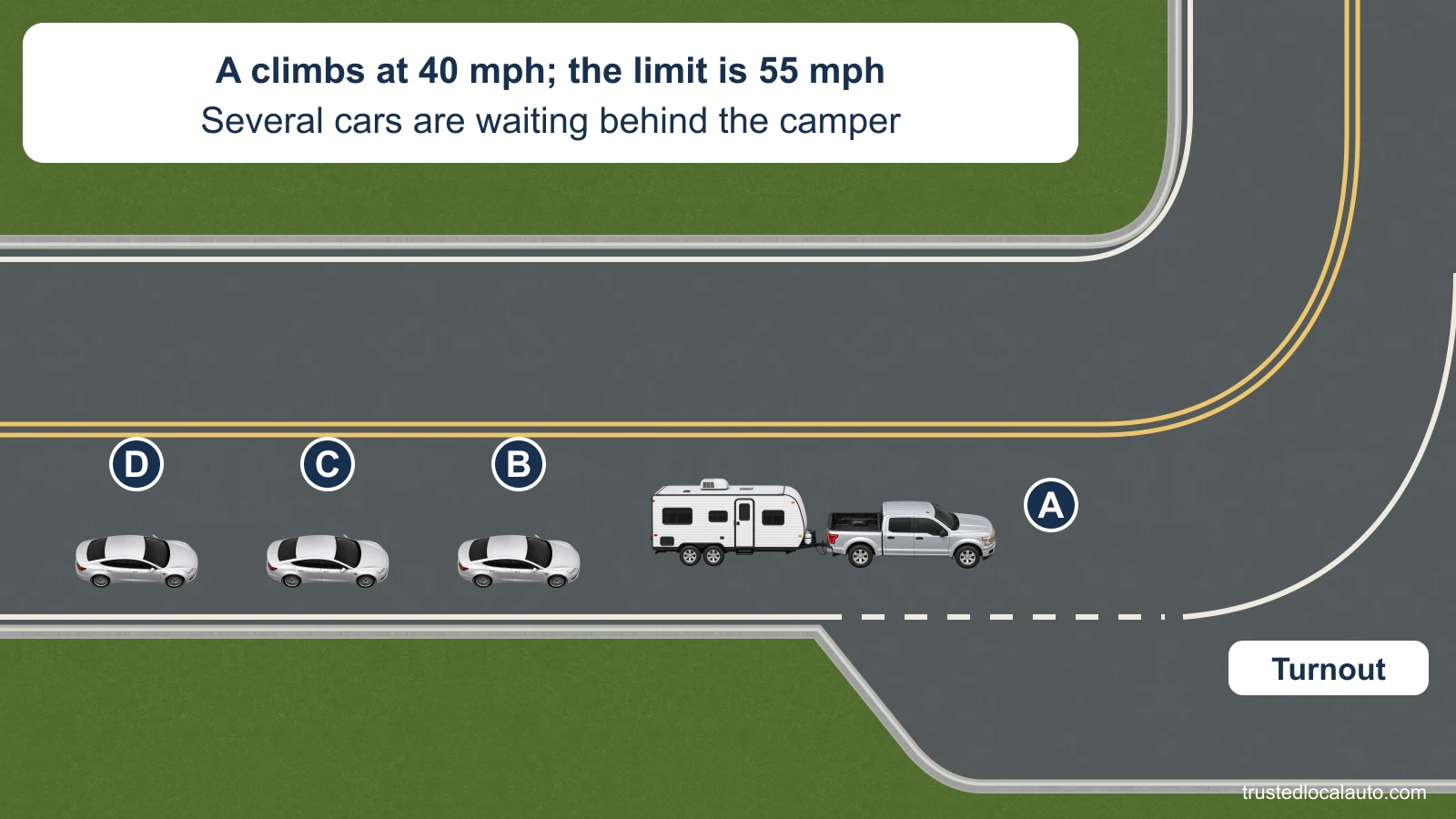 Pickup A with a camper leads three cars on a two-lane highway approaching a bend. Double yellow lines prevent passing, and a paved turnout opens on the right. The card gives A’s uphill 40 mph speed and the 55 mph limit.