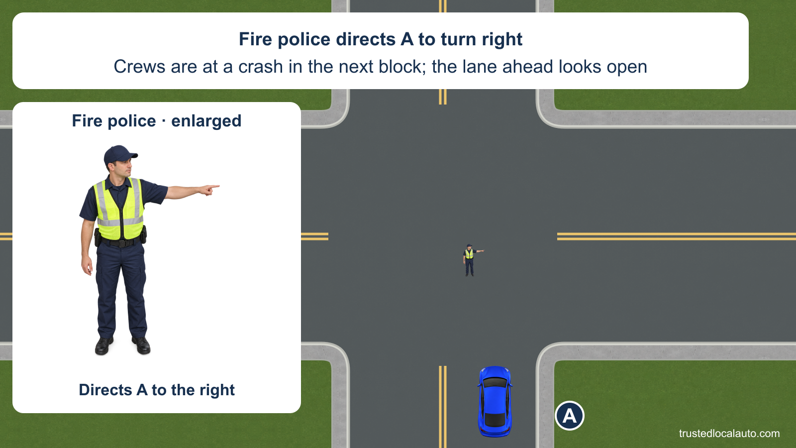 A approaches northbound toward a uniformed fire police officer who points to the side street on A’s right. An enlarged detail makes the pointing gesture clear; the forward lane is open in view, and the card places the crash crews in the next block.