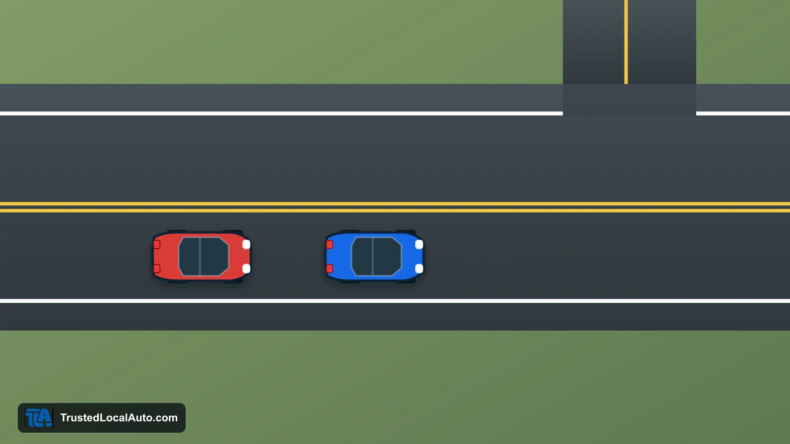A blue car and a red car travel on a straight road near a side-road junction. No intended route or destination is shown.