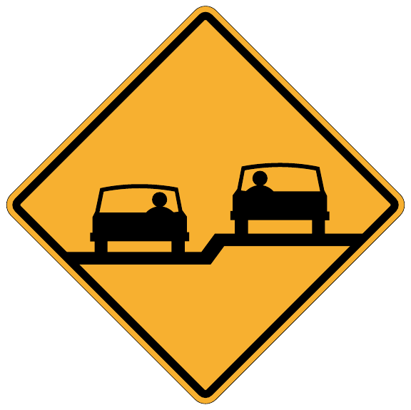 An orange diamond shows two black vehicle fronts on connected horizontal bars at different heights.