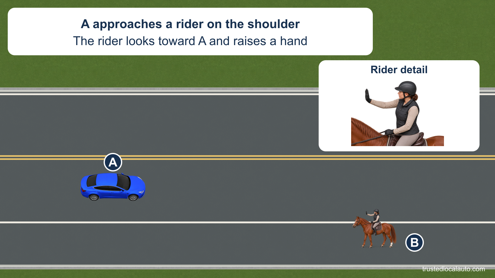 A travels toward a horse and rider on the paved right shoulder. B faces A and raises an open hand. An enlarged detail shows the rider’s hand and face; there is no stopping line or instruction in the question image.