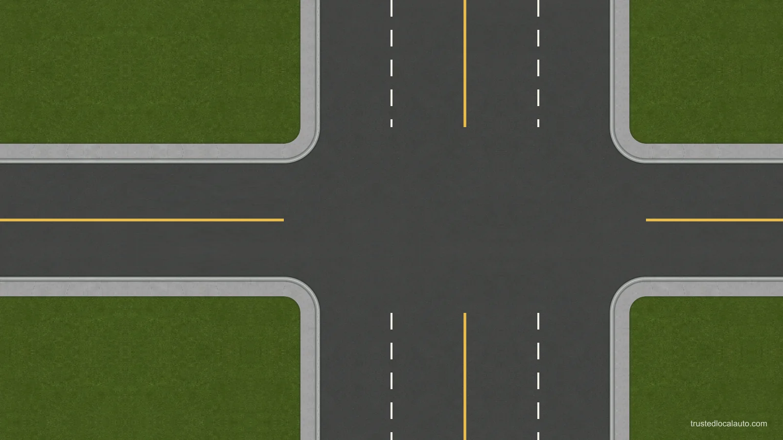 An empty two-way approach meets a crossing road with two lanes in each direction. Curbs and lane markings are visible; no turn route or approach position is selected.
