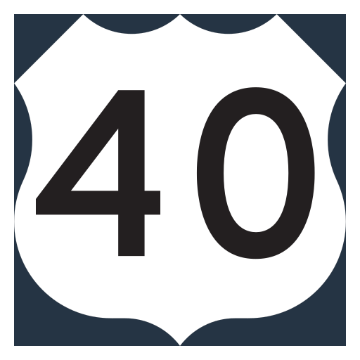 An exact official white U.S. route badge with black number 40 is displayed on a plain dark backing so its full silhouette is visible.