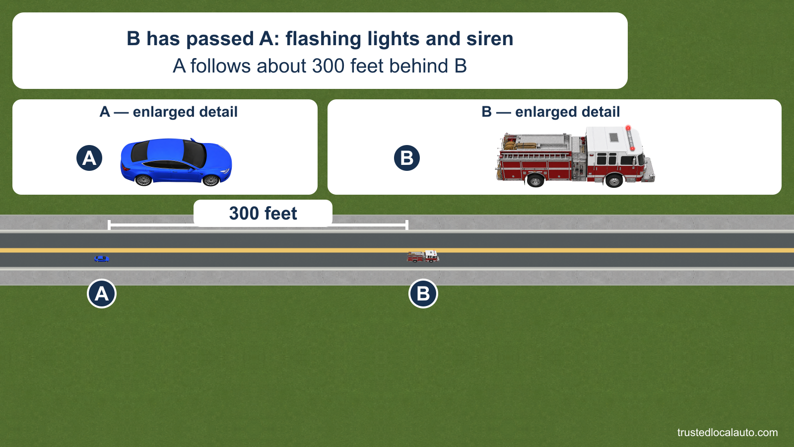 Enlarged details identify car A and fire truck B with warning lights lit. A scale overview shows A following B with the stated 300-foot gap after the fire truck passed. The card states that B’s lights flash and its siren sounds.
