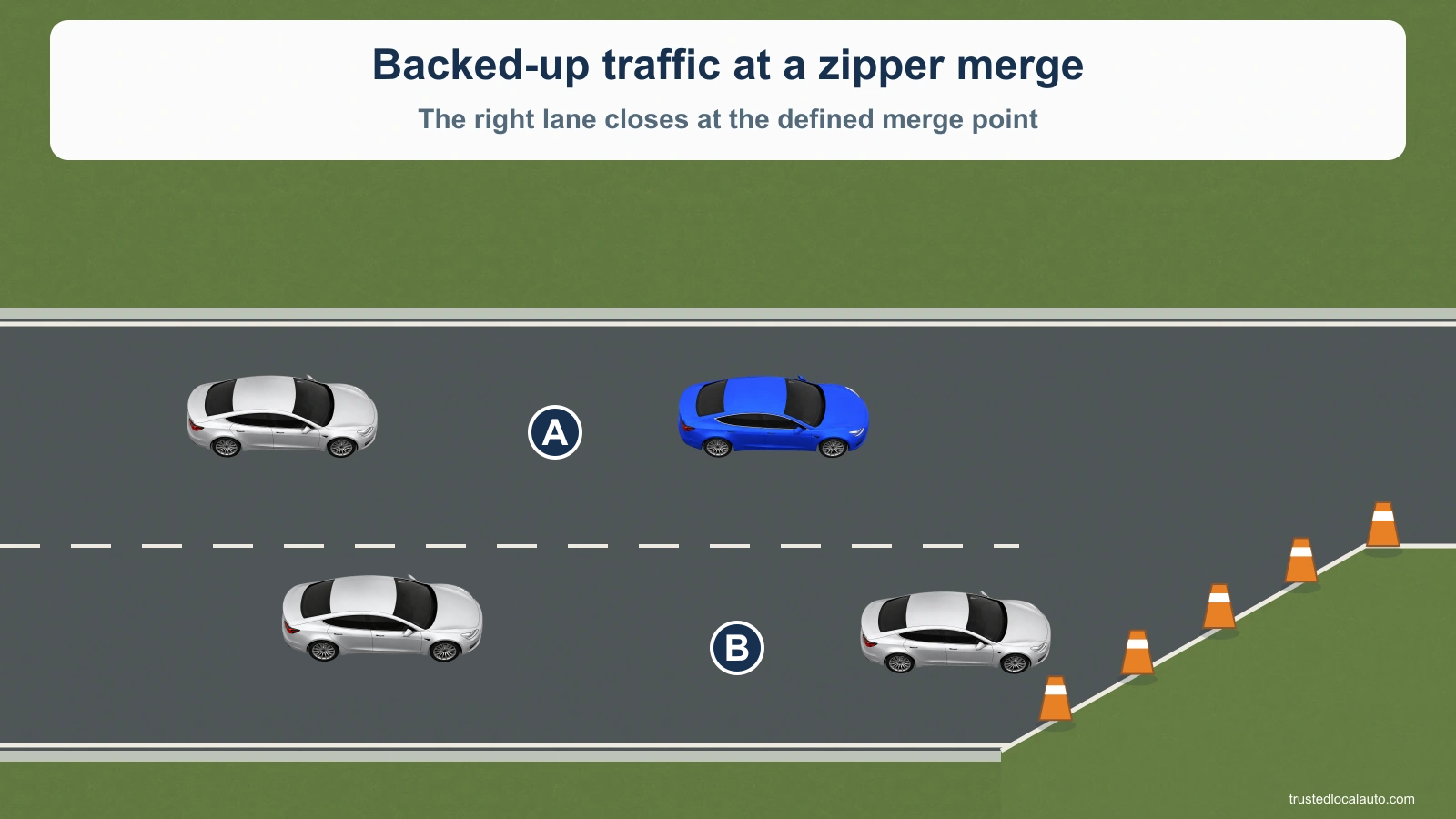 Traffic queues in two lanes beside a cone taper. Only A is blue; B and both unlabelled following cars are silver.