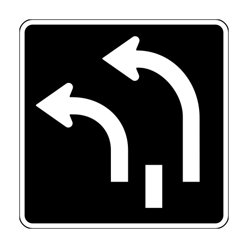 A black rectangular face contains two white arrows bending left, with a short white vertical line between their stems.