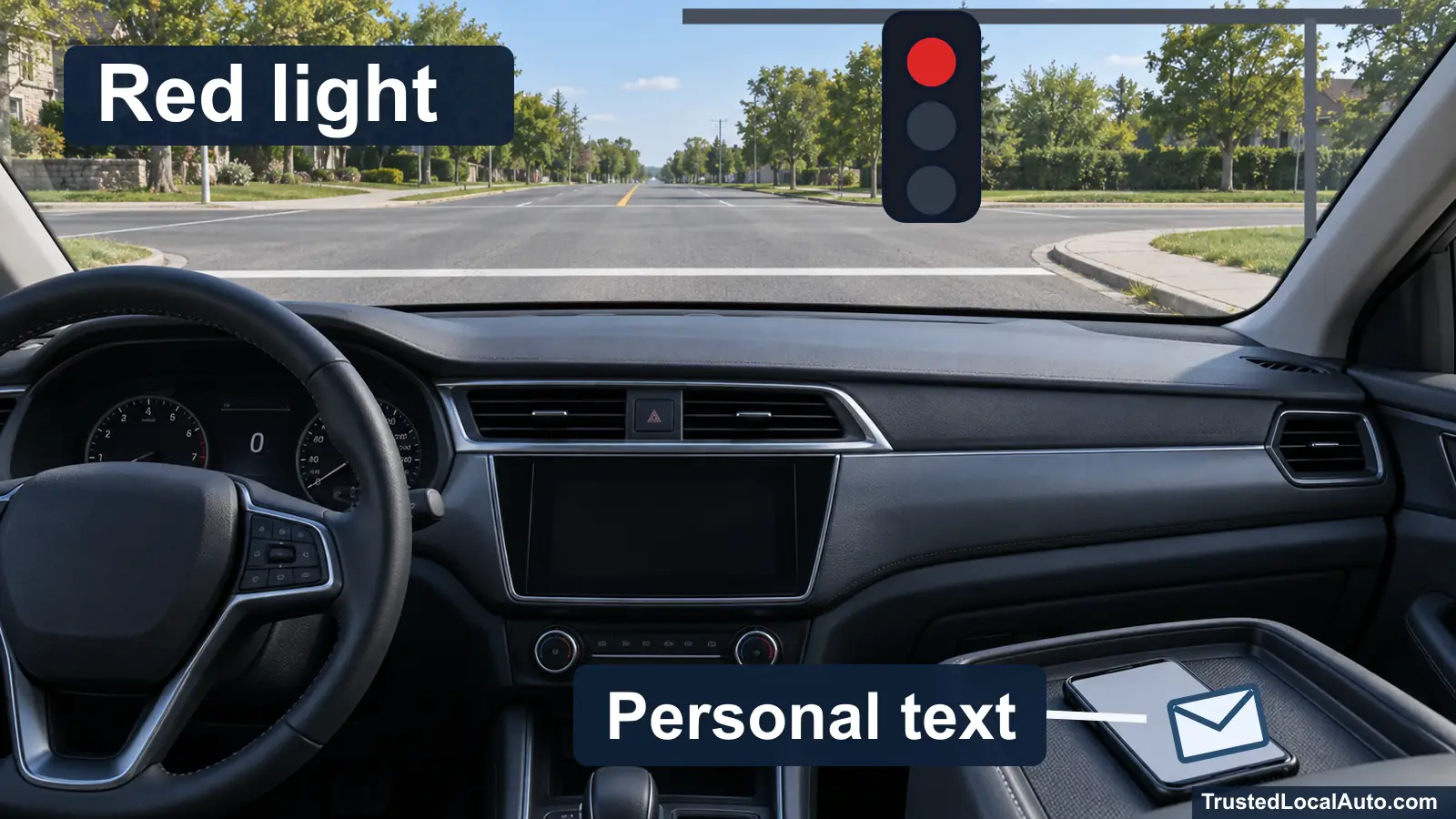 A car waits behind the stop line at a red traffic light. An unheld phone with a personal-text cue rests on a tray beside the driver.