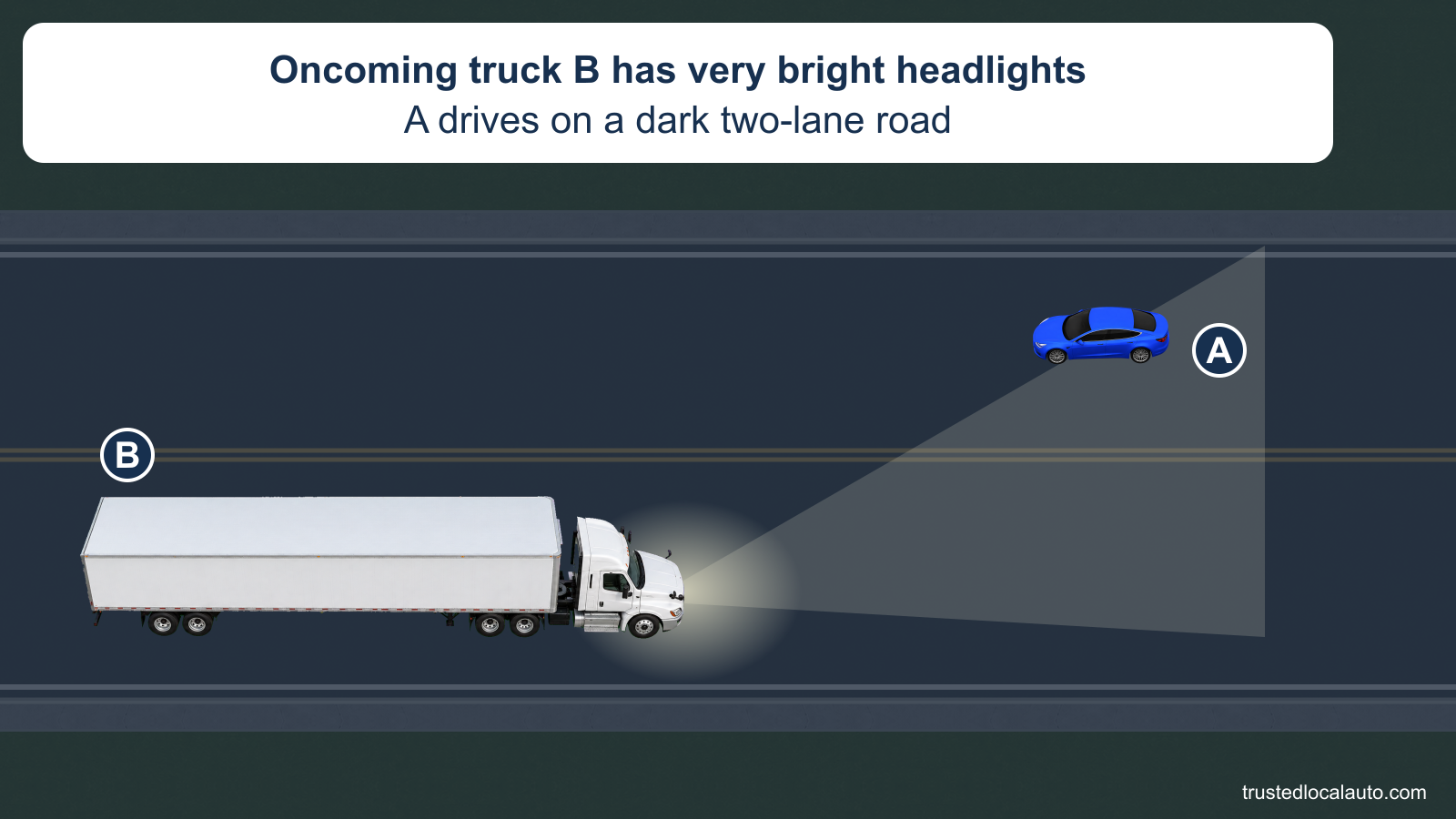 A heads left on a dark two-lane road as oncoming truck B heads right in the other lane with bright headlight glare. No road edge or gaze target is selected.