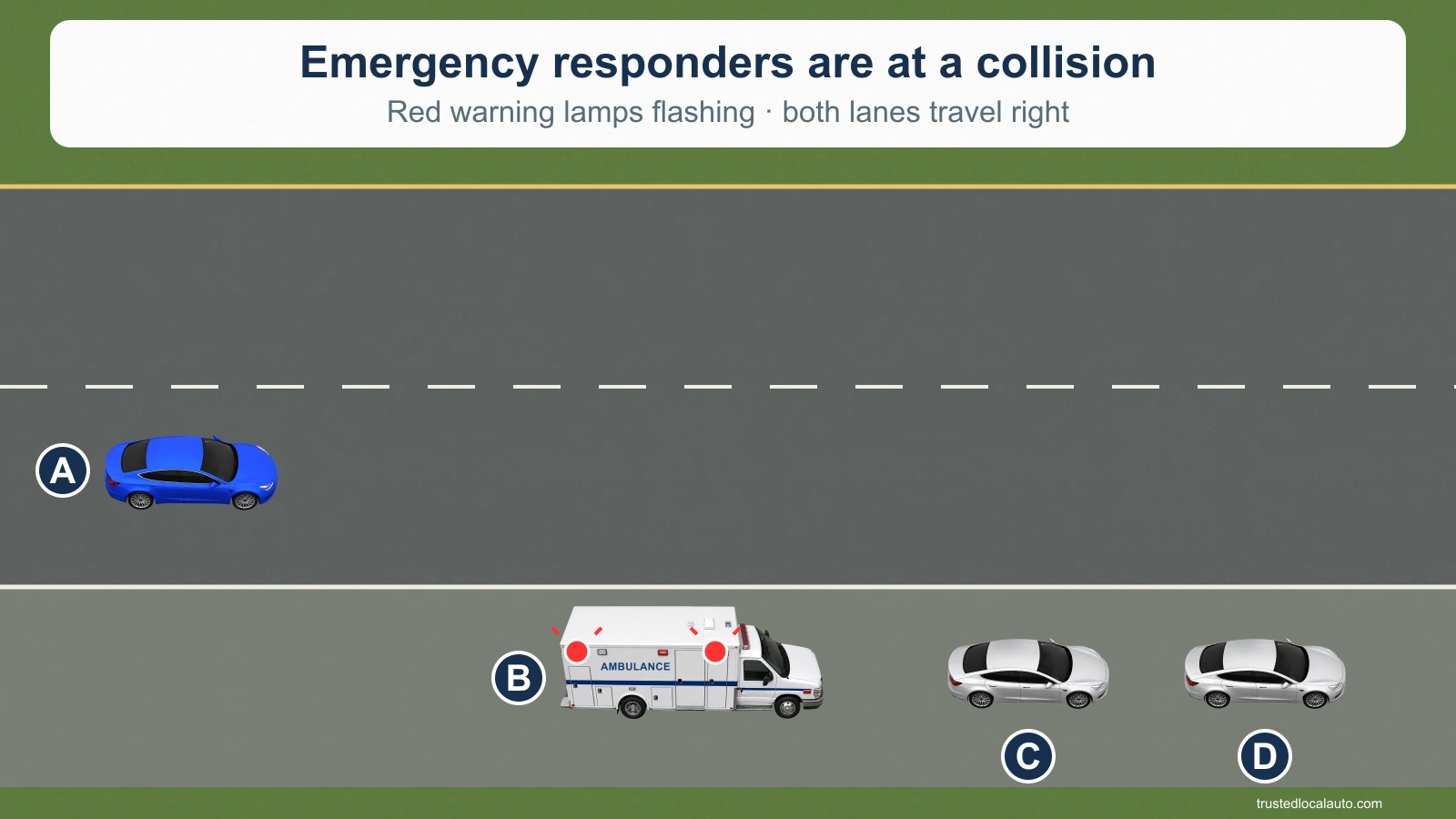 Car A approaches a collision response in the right lane. An ambulance with flashing red lamps and two other vehicles are stopped on the right shoulder. The left lane is clear.