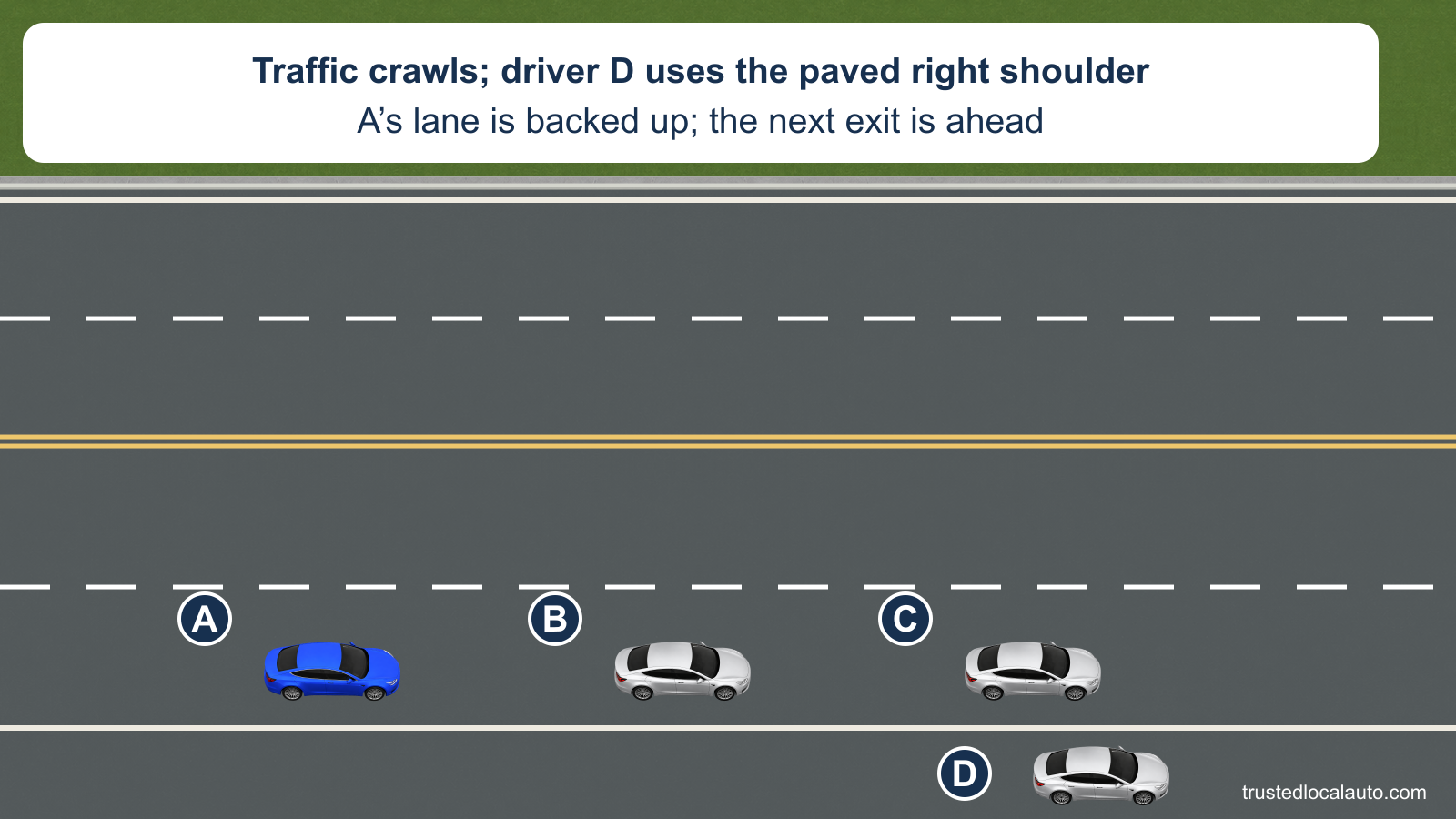 A follows a slow line of cars on a four-lane two-way highway. D has moved onto the paved right shoulder to head toward the next exit, leaving open shoulder space beside A.
