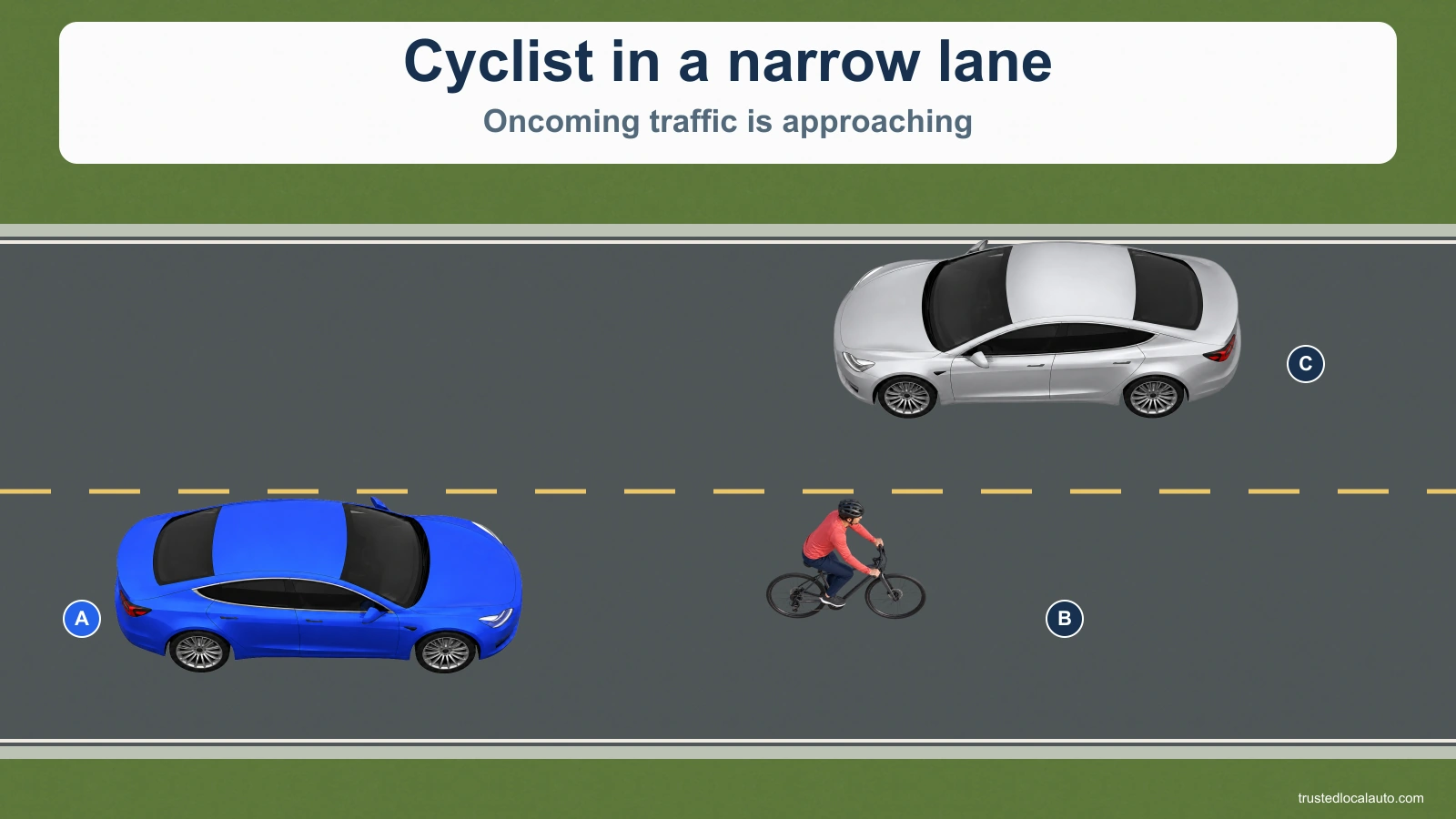 Blue A follows cyclist B in a narrow lane. Silver C approaches in the opposing lane.