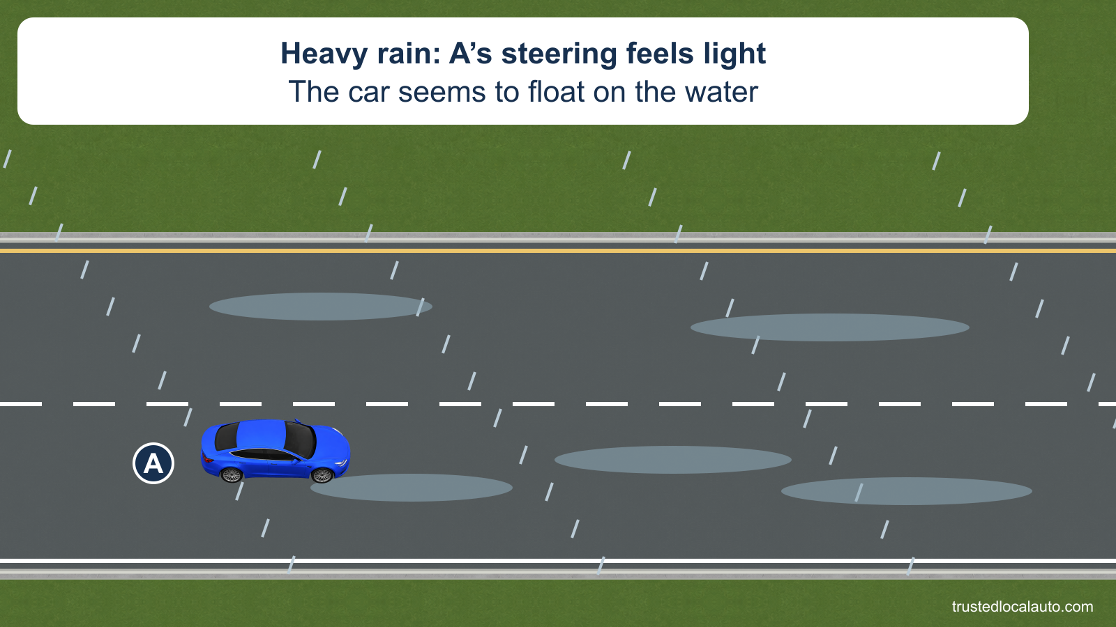 A travels in the right interstate lane in heavy rain with standing water on the pavement. The card states that the steering feels light and the car seems to float. No recovery path or pedal is selected.