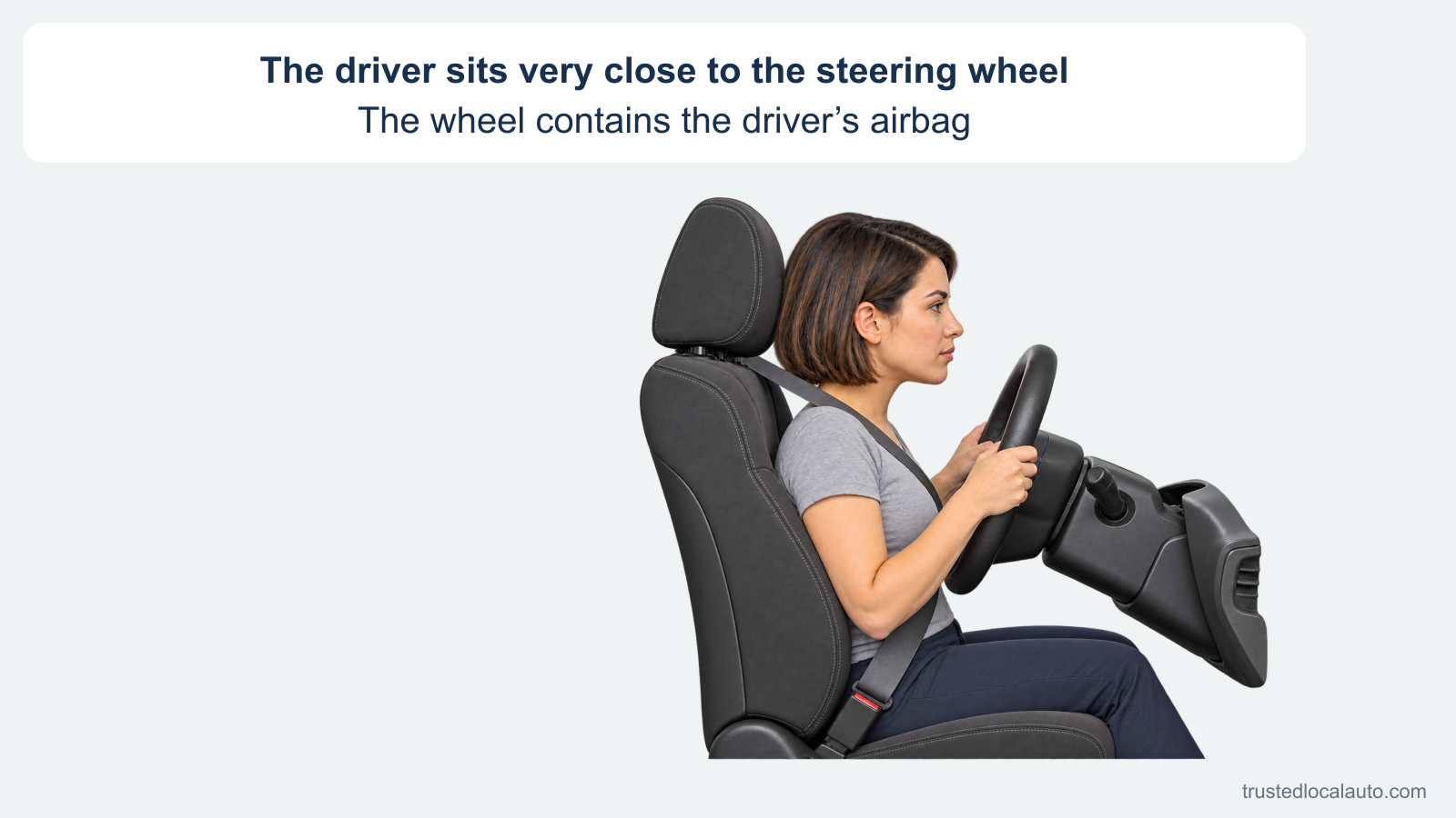 A side-profile seat detail shows a belted driver sitting upright very close to the steering-wheel airbag cover, with bent elbows. The question contains no adjustment arrow, safe-distance mark or recommended seat position.