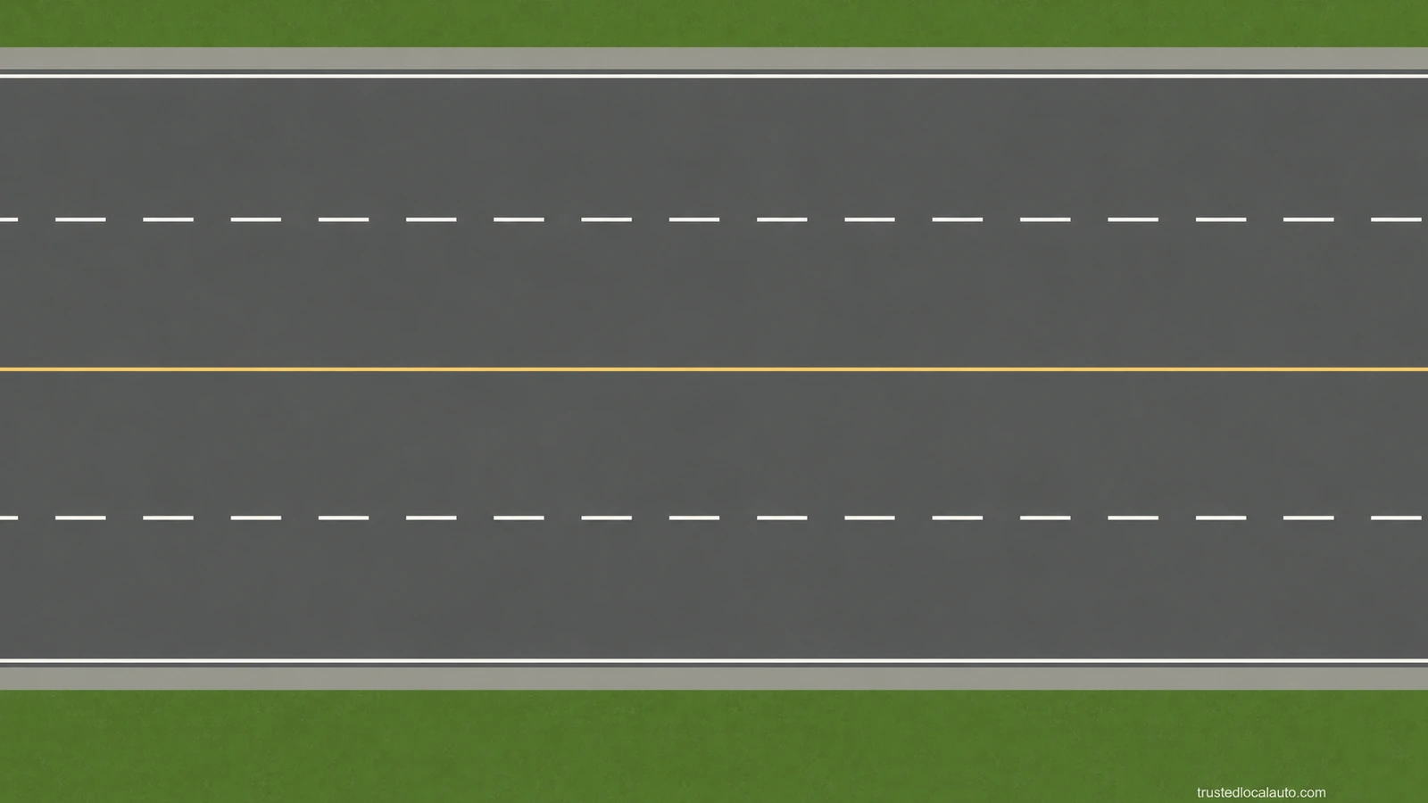 A road surface has a continuous yellow line, broken white dividers and white outer edge lines. There are no vehicles, direction arrows or labels.
