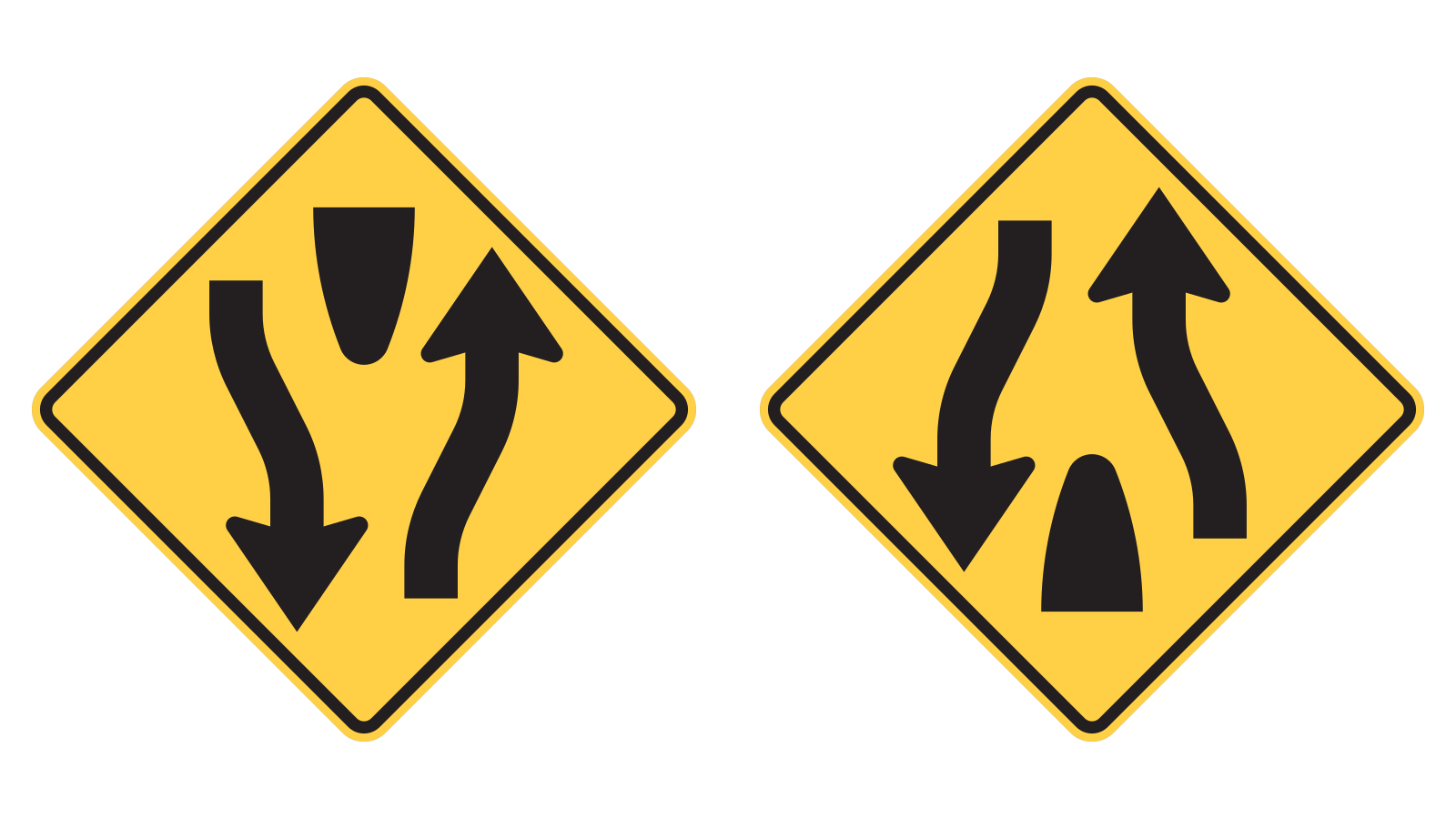 Two yellow diamonds show opposing arrows curving around a divider. The left sign has its divider at the top; the right sign has it at the bottom.