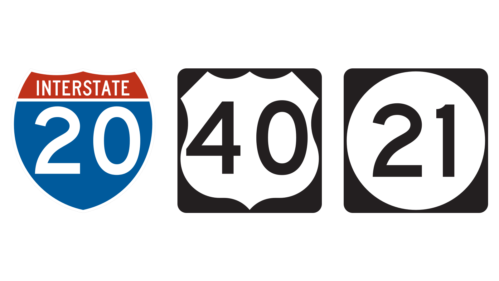 Three route markers appear from left to right: a red-and-blue INTERSTATE 20 shield, a black-and-white U.S. 40 shield, and a black square with a white circular 21 marker.
