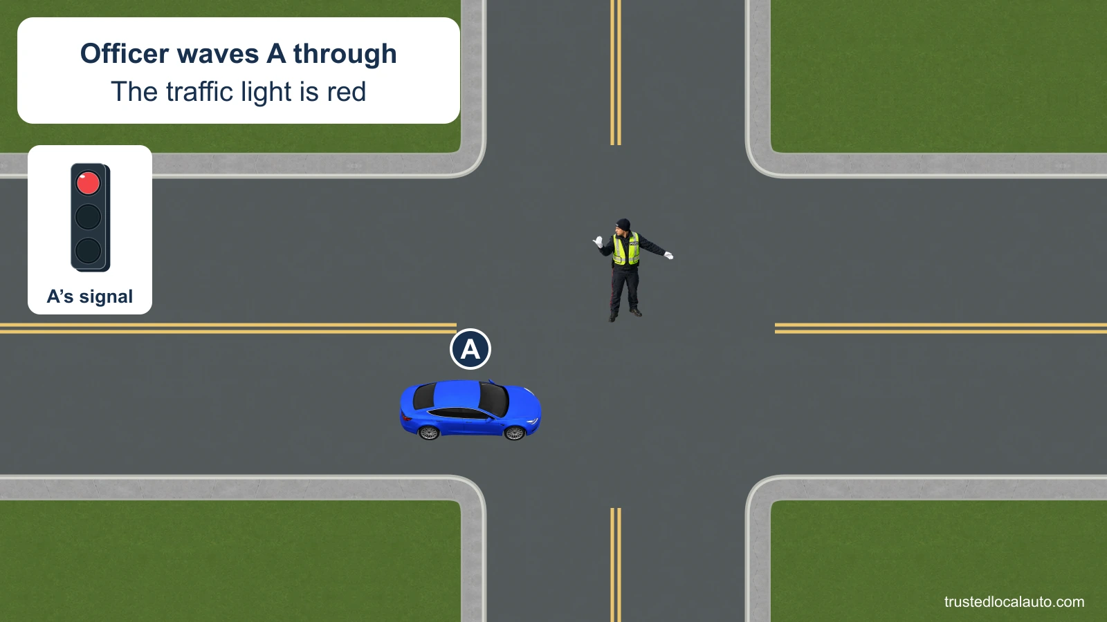 A faces a circular red light while a police officer in the intersection gestures for A to go through.