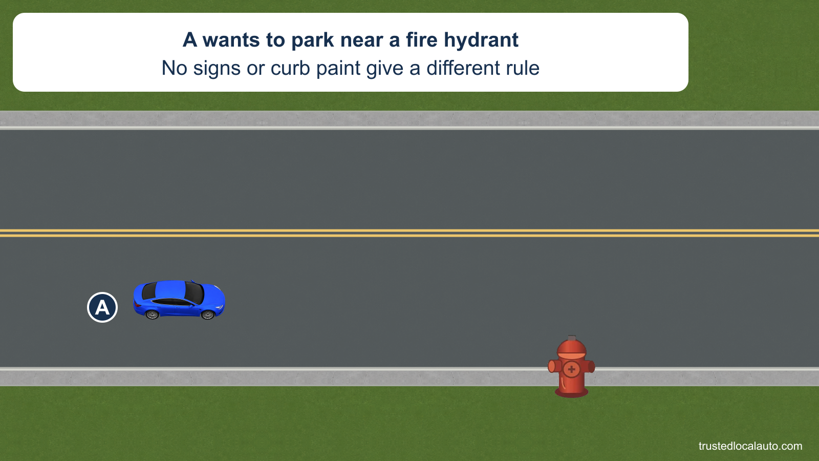 A approaches a curb and fire hydrant with no signs or colored curb markings. No parking position or distance bracket has been selected.