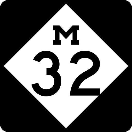 Black square containing a white diamond with a black M above the number 32.