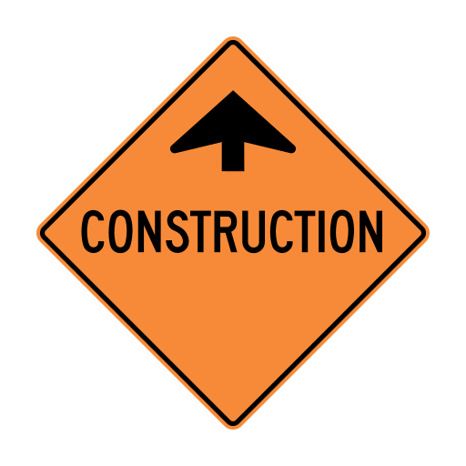 An orange diamond with a black upward arrow above CONSTRUCTION.