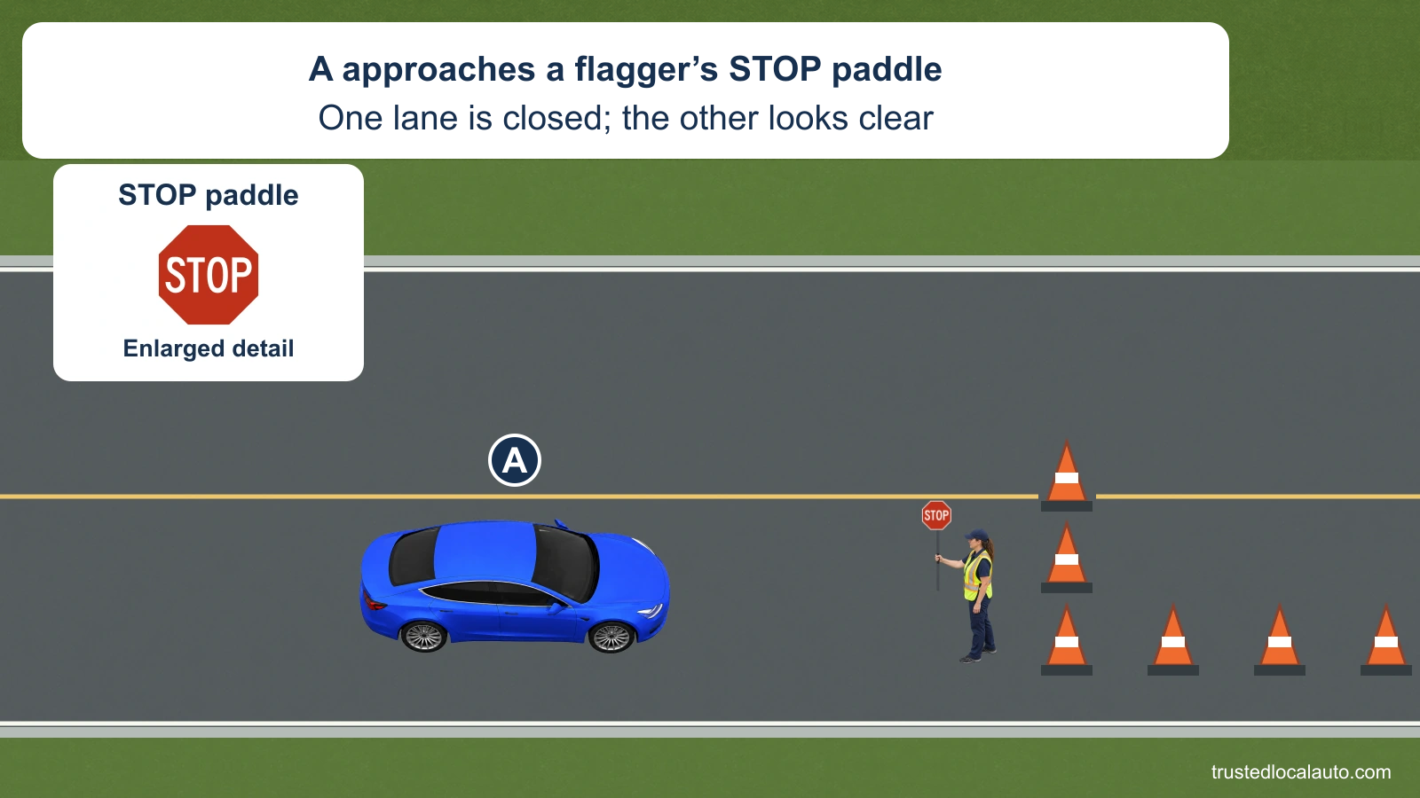 Blue A approaches a flagger holding a STOP paddle. Cones close the near lane while the other lane looks empty. A has no selected stopping mark or onward route, and no other workers or machines appear.