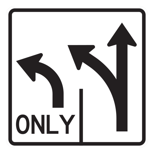 The official lane-control sign has LEFT ONLY arrow on its left panel and a combined straight-or-left arrow on the right panel.