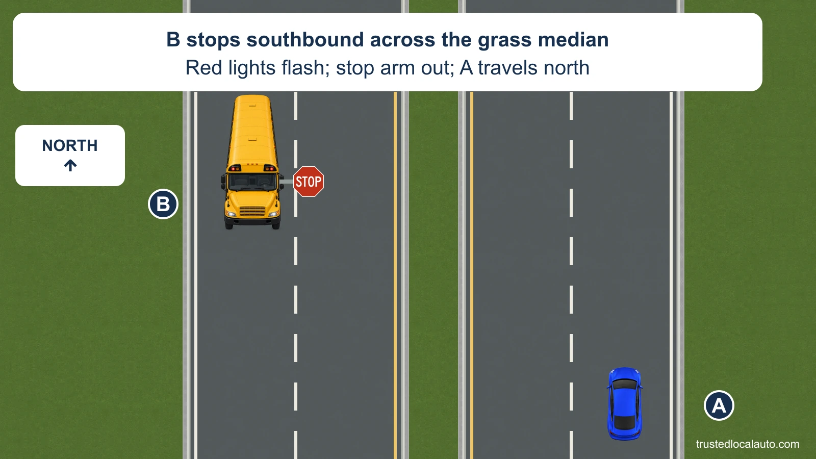 A travels north on a highway with two lanes in each direction and a grass median. On the southbound roadway, school bus B is stopped with red warning lamps lit and its left-side STOP arm extended.