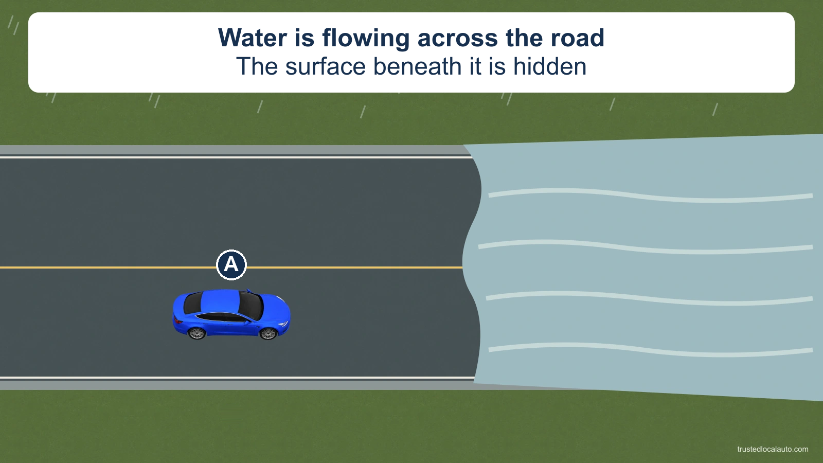 Water flows across the road ahead of A after a storm. The pavement beneath the water is hidden.