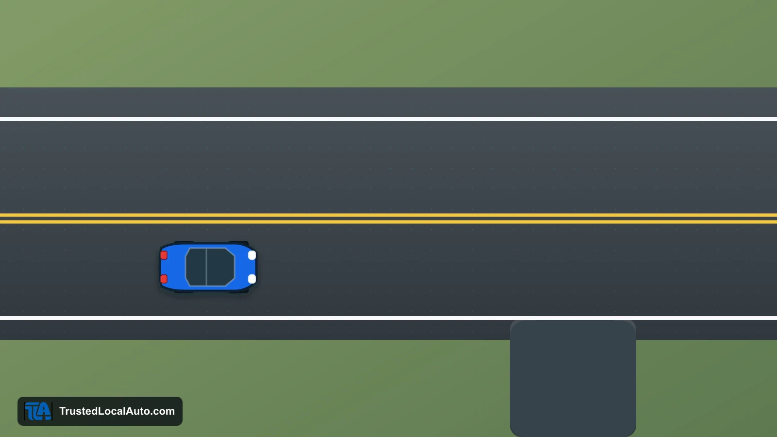 A blue car travels east on a two-way road. An empty paved driveway meets the road from the lower side. No other vehicle or horn cue appears.