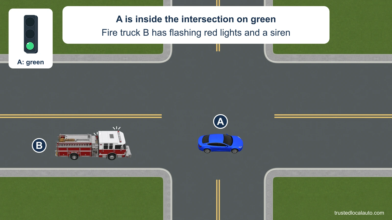 A is inside a green-light intersection. Fire truck B approaches from behind in the same lane, with flash marks at its red warning lights; the card states that its siren sounds.