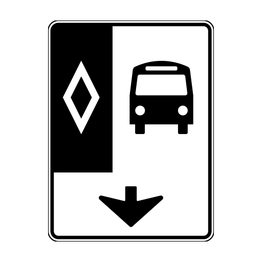 A white rectangular face with a black bus silhouette and downward arrow, beside a white outlined diamond on a black panel.