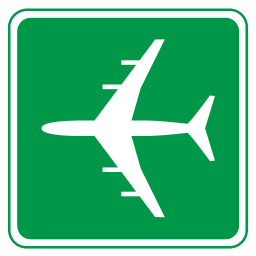 A green square with rounded white edging contains a white passenger aircraft seen from above, with its nose pointing left.