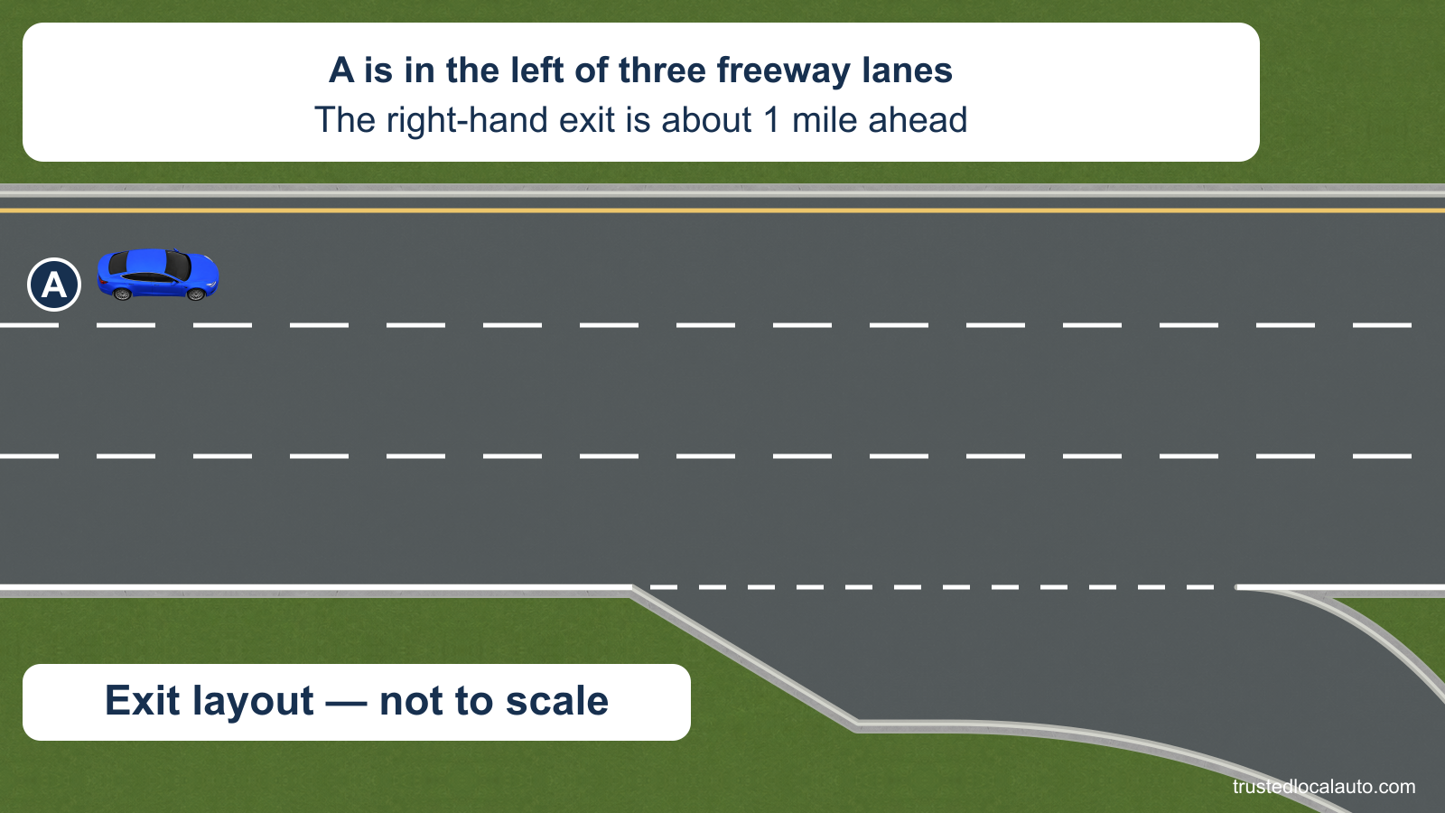 A travels in the left of three freeway lanes; the card says the right-hand exit is about 1 mile ahead, and no lane-change route is shown. The separate deceleration lane and curved ramp form an exit layout labeled “Exit layout — not to scale”.