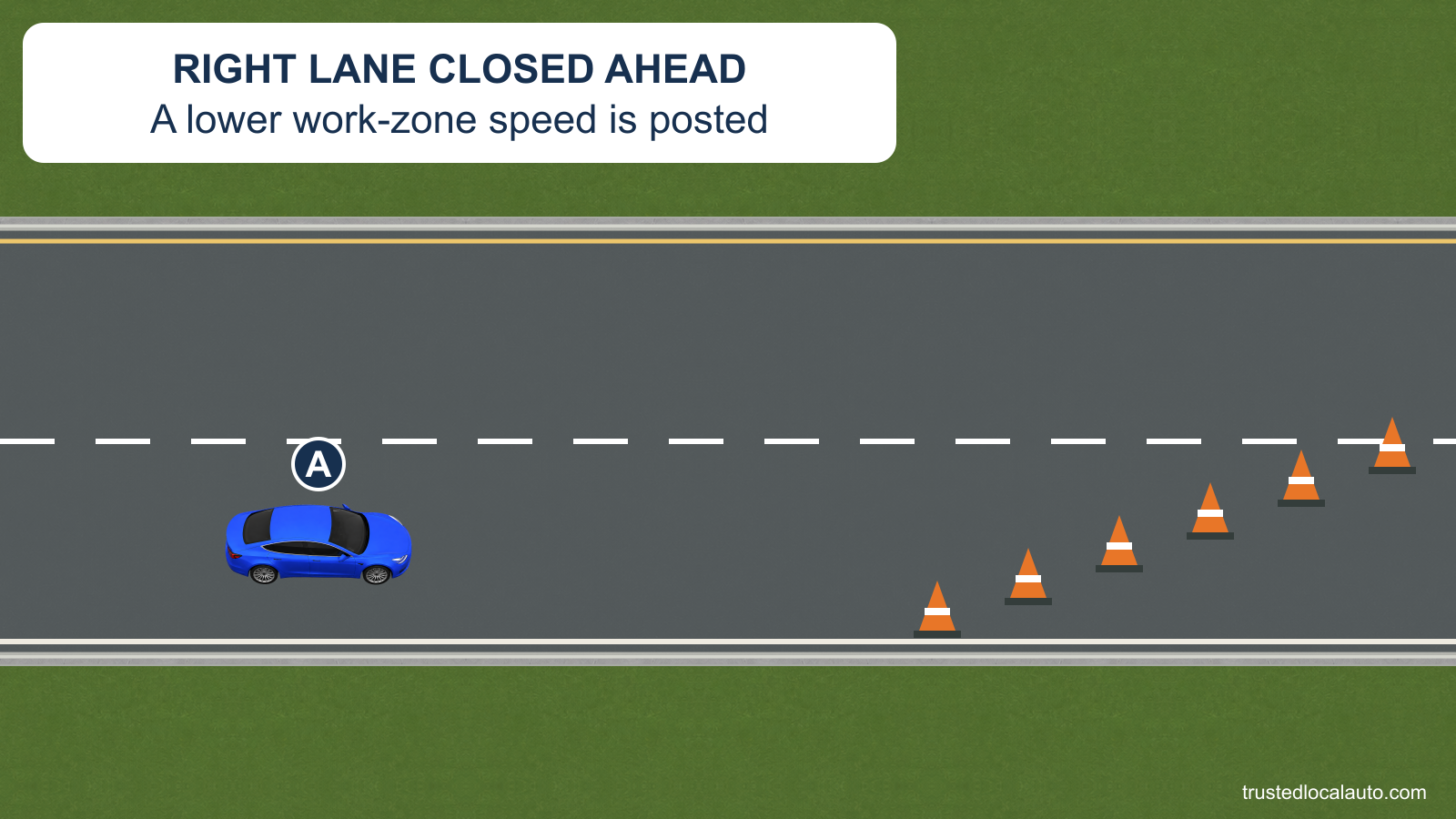 A is in the right lane approaching a cone closure. The card states RIGHT LANE CLOSED AHEAD and a lower posted work-zone speed.