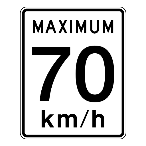 A white vertical rectangular sign with a black border reading MAXIMUM 70 km/h.