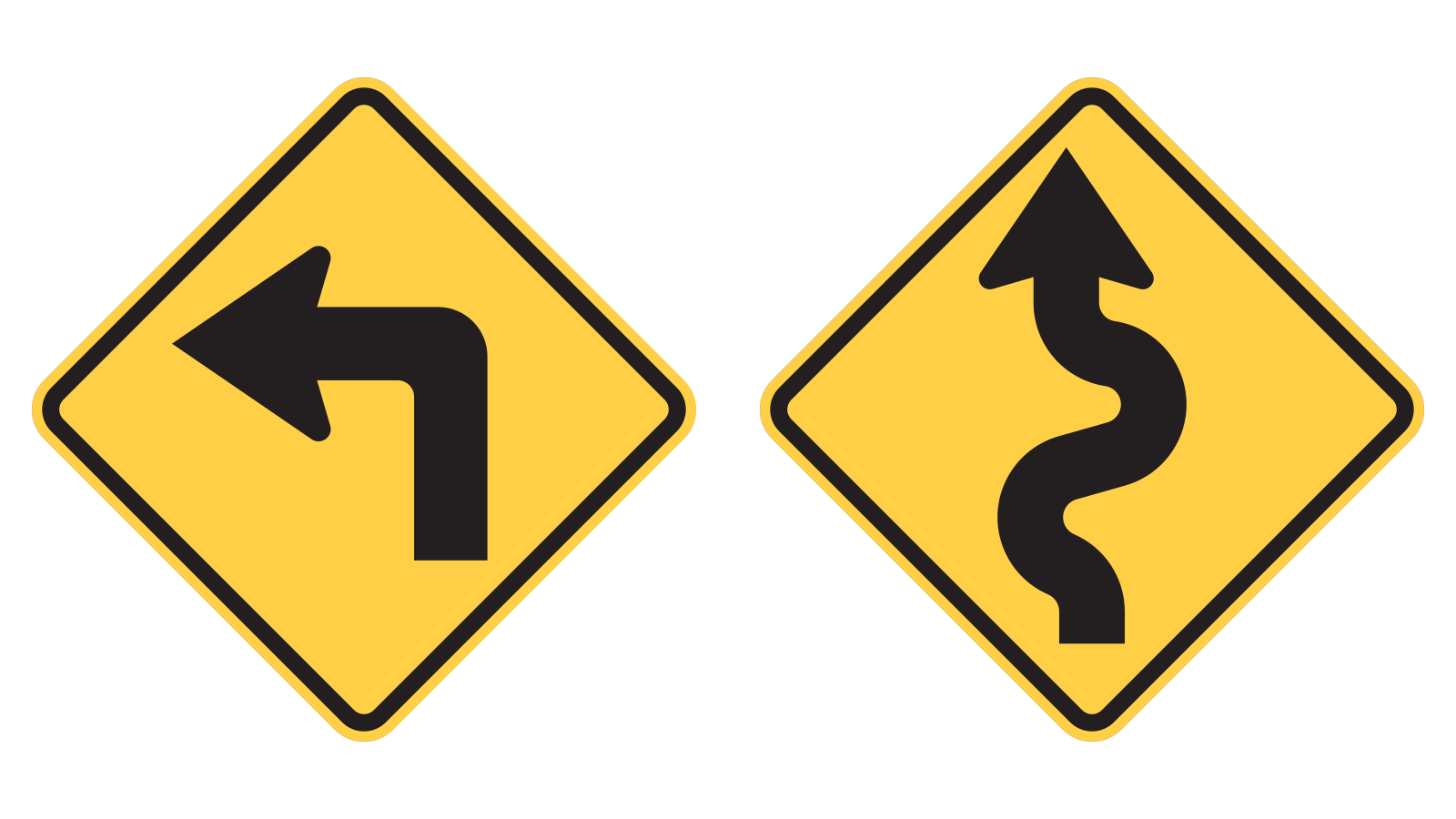 The left yellow diamond shows an upward arrow making a sharp left turn. The right diamond shows an arrow bending alternately left and right.