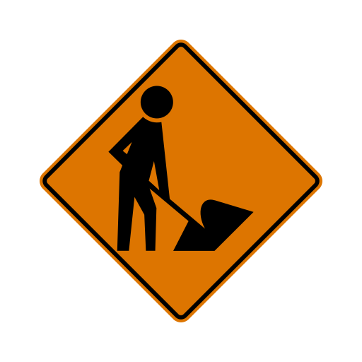 Orange diamond warning sign with a black road worker holding a shovel.