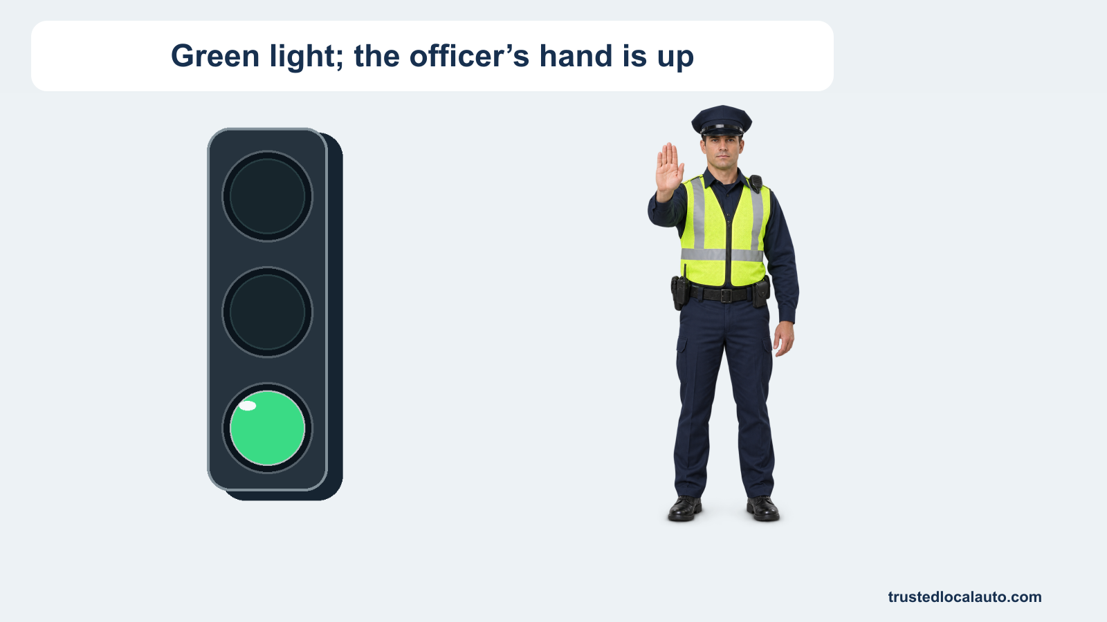 A circular green traffic light appears beside a police officer facing the driver with one hand raised palm-out.