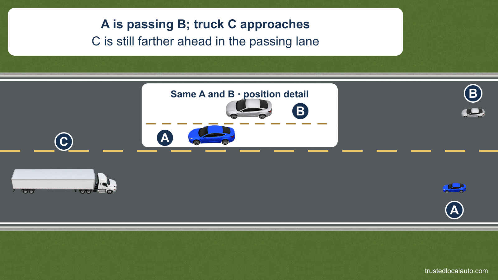 On a two-lane highway, westbound A is passing westbound B in the opposing lane while eastbound truck C approaches from the left. A separate panel enlarges the same A/B positions, labeled as a position detail. No return route, mirror cue or distance threshold is shown.