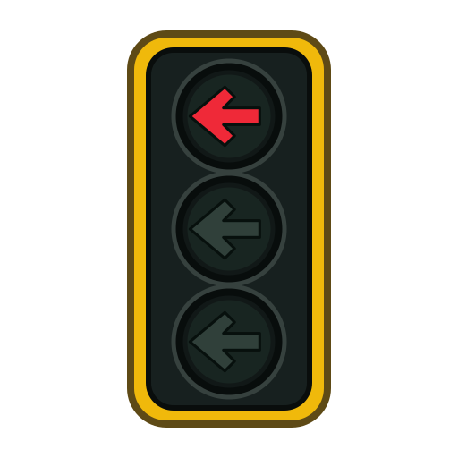 Vertical arrow signal with a red left-pointing arrow steadily illuminated; yellow and green arrow lenses are dark.