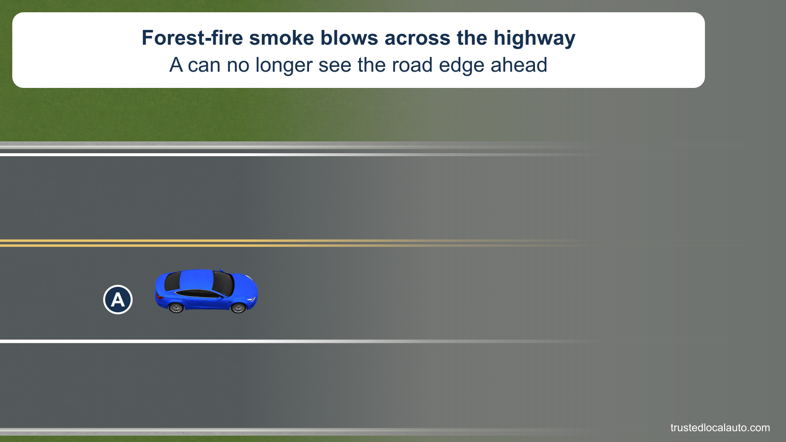 A is still in the travel lane as dense gray forest-fire smoke hides the road edge ahead. No stopping place, flashing lamp or recovery path is marked.