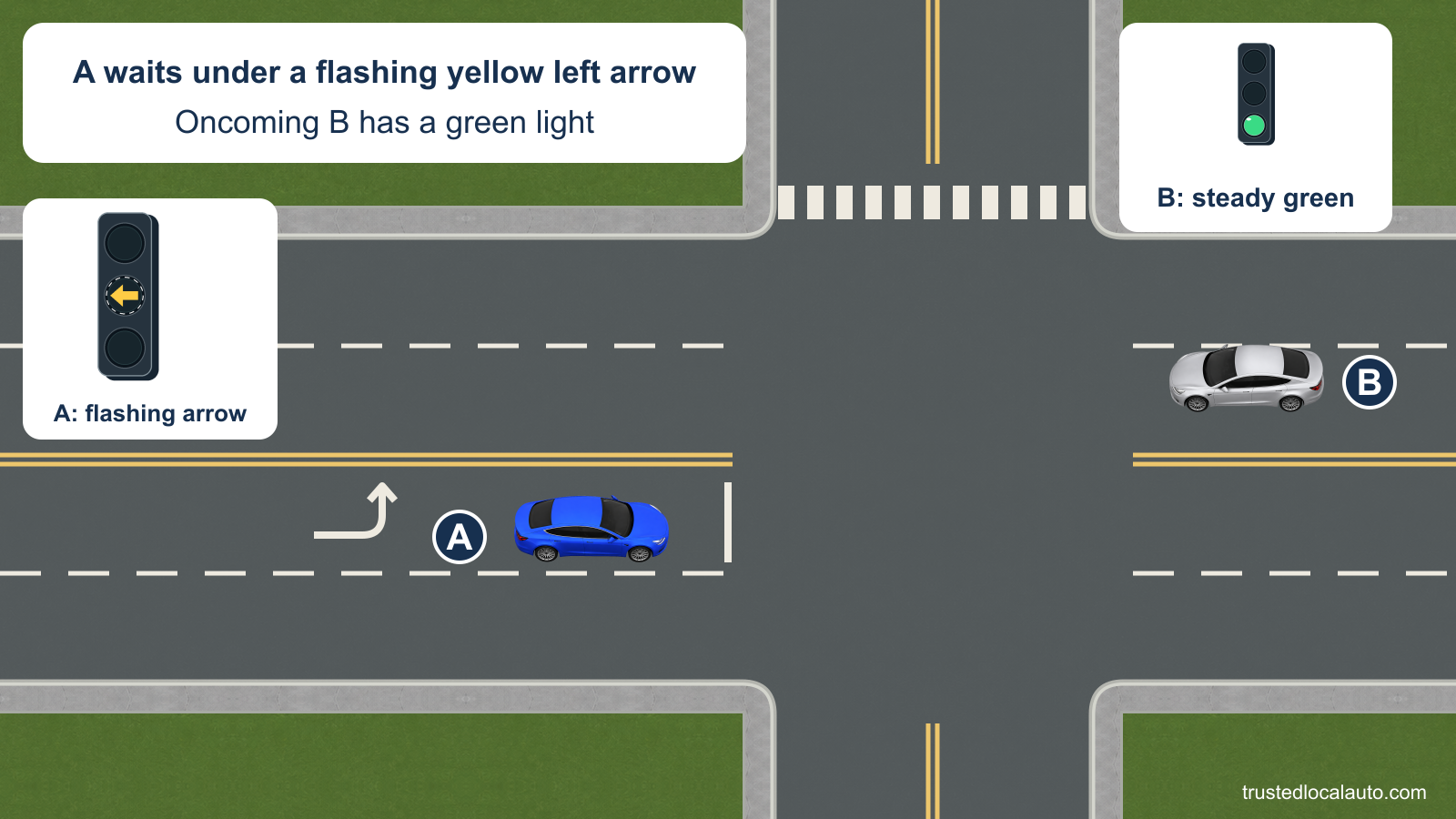 Blue A waits in a left-turn lane under a flashing yellow left arrow. Oncoming silver B has steady green. There is no turn path or priority halo.